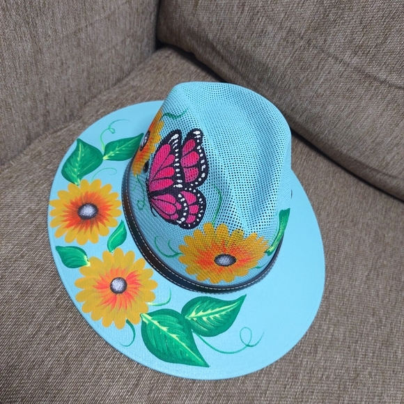 Women's Madalais Hand Painted Hat with Butterfly and Sunflower Design Size M - Picture 7 of 8